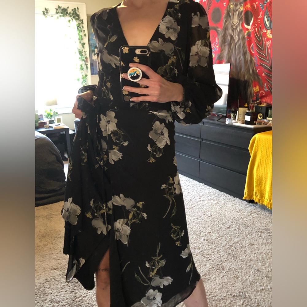 all:row Neutral Floral Long Sleeve Wrap Chiffon Maxi Dress